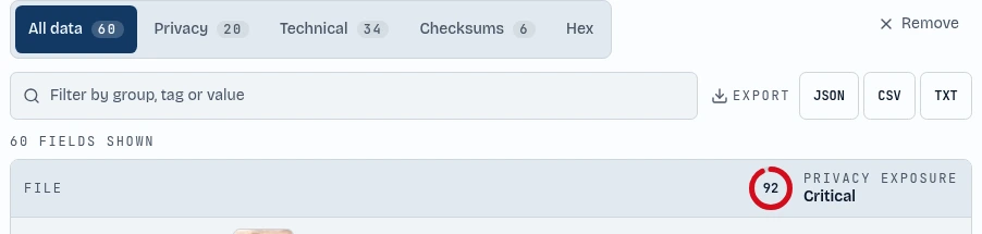The metadata report tabs and the privacy exposure score highlighted