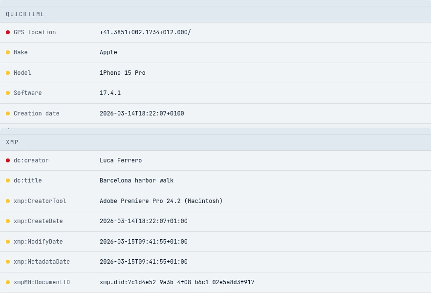 The QuickTime and XMP groups in the metadata report listing the GPS location, device model, software and creation dates