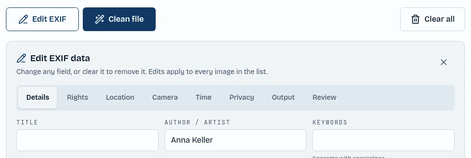 The Edit EXIF button and the author field in the editor highlighted